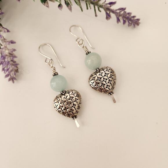 Amazonite Stone Silver Heart Dangle Earrings - Picture 4 of 8